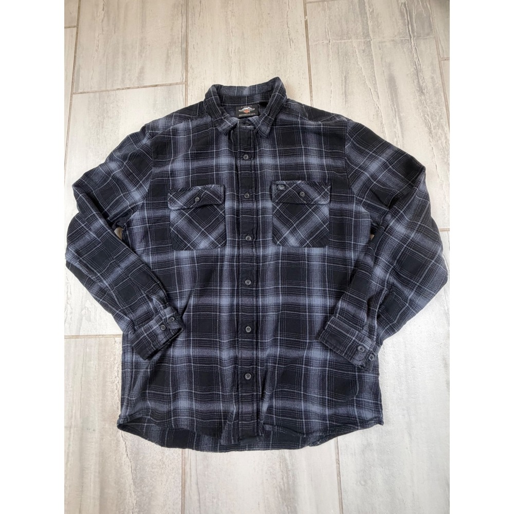Harley-Davidson Mens Black Grey‎ Plaid Flannel Button Down Shirt Large Regular